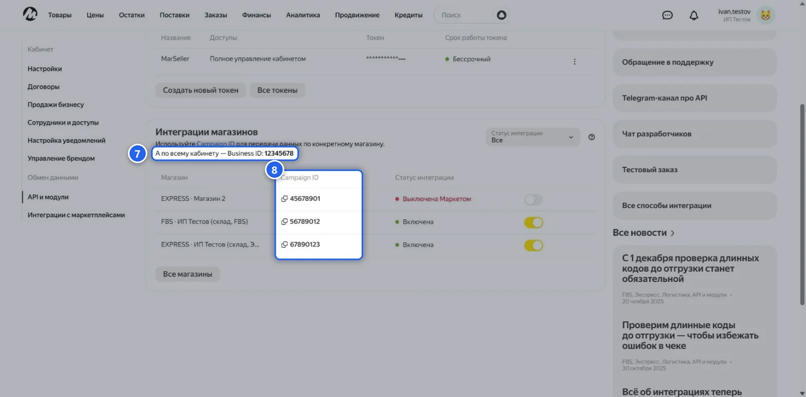 Маркет: Business ID и Campaign ID